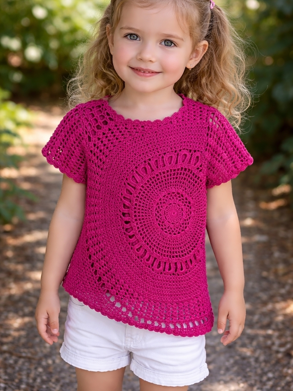 Girls' Crochet Short Sleeve Top in Bright Fuchsia
